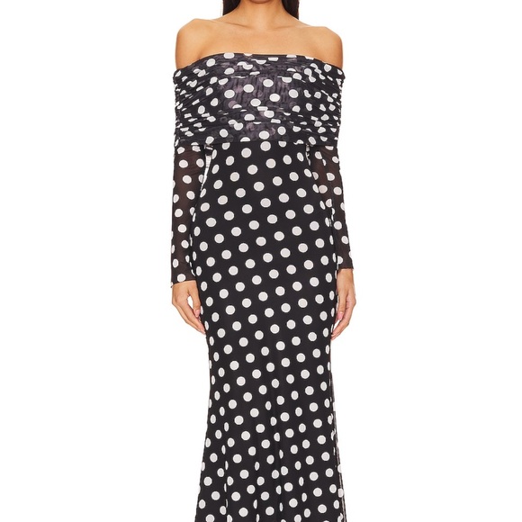 AFRM Thelma Dress Polka Dot Maxi Off The Shoulder Black and White Dress - Picture 2 of 6